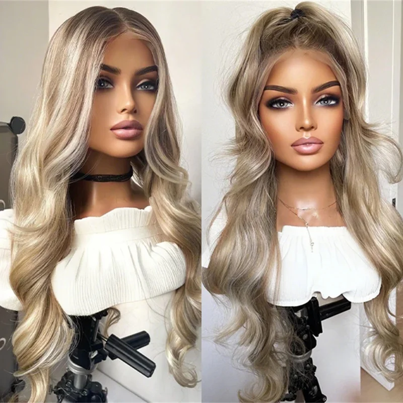 Glueless Preplucked Hairline Ombre Ash Blonde Balayage Luxury Synthetic Lace Front Wig 150% Density Party Cosplay Daily Wig 28''