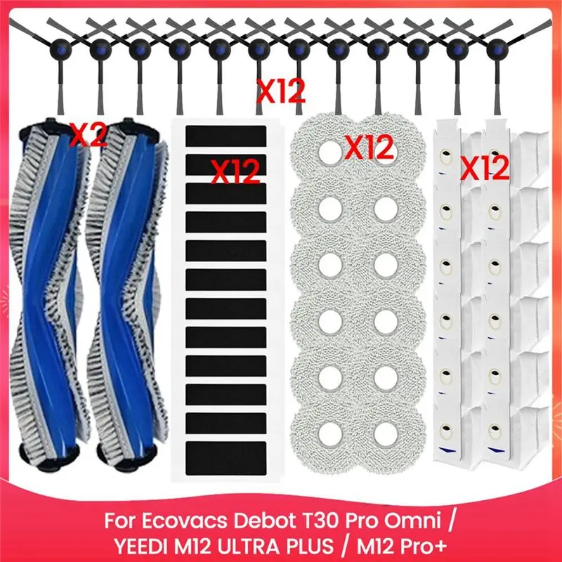 ABGE-50PCS Brush Filter Mop Cloth And Dust Bag Set For Ecovacs T30 Pro Omni For YEEDI ULTRA PLUS Pro+ Replace Parts