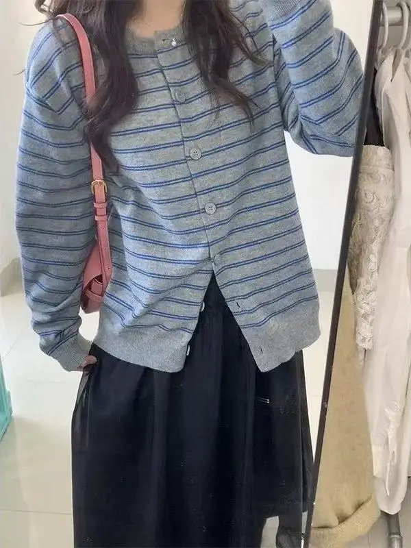 Coreano início do outono cor blo listrado malha aberta cardigan feminino fino solto preguiçoso sle camisola base outerwear