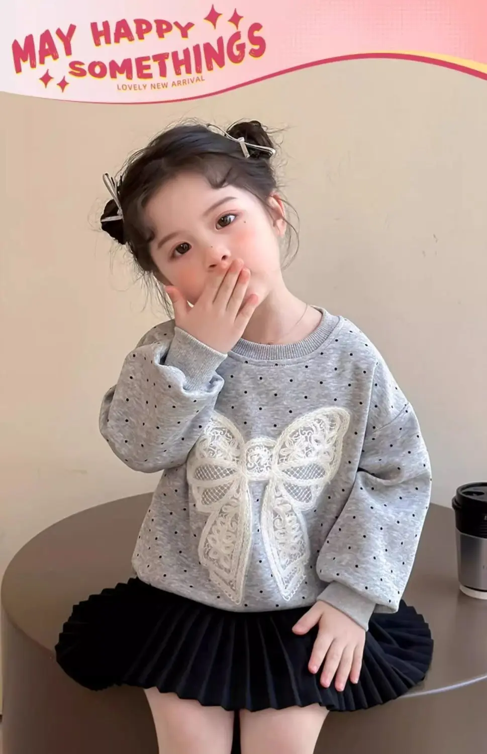 Kleinkind Mädchen Sweatshirt mit Großer Spitze und Schleife Lässiger Baumwoll-Pullover mit Punkten für Kleinkinder Rundhals Langarm Oberteil Kinderkleidung – Detail 3