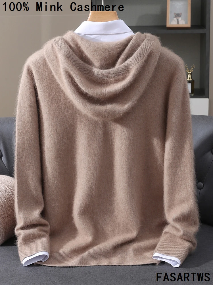 

Мужской 100% норковый кашемировый пуловер с капюшоном, мягкий теплый осенне-зимний 3X размера плюс, топ, элитный повседневный вязаный свитер с капюшоном