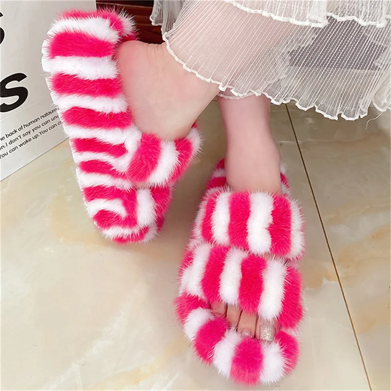 Women Fuzzy House Slippers Four Seasons Mink Fur Slide With Arch Support Non-slip Furry Bedroom Slide Open Toe Fur House Shoes