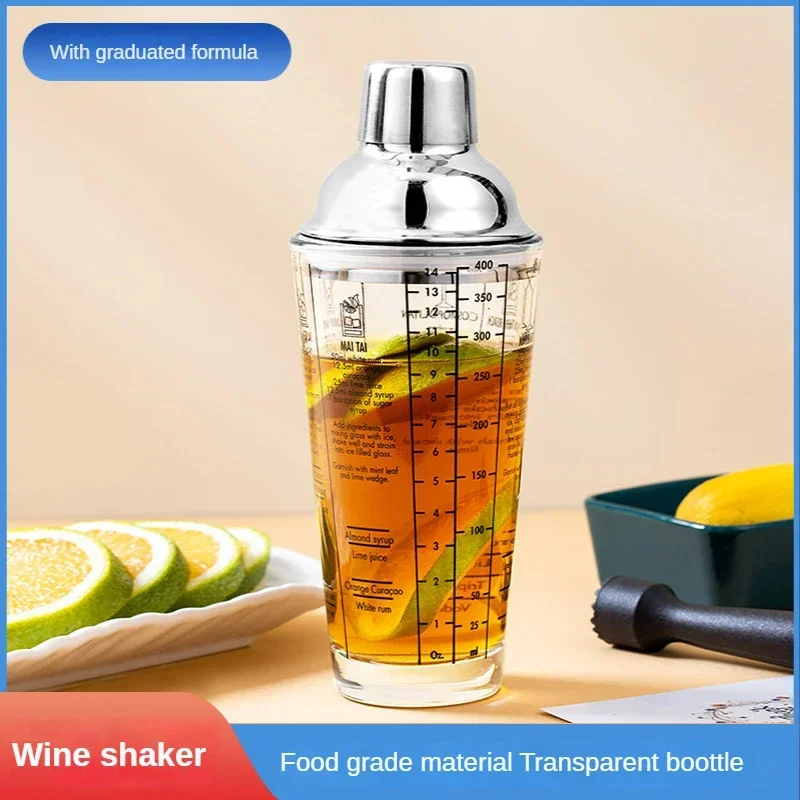 

400ml Cocktail Shaker Stainless Steel Glass Bottle with Measurement Bar Supplies Creative Transparent Bottler Bar Cocktail Shake