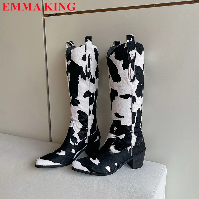 2024 Zebra Pattern Knee High Boots Women Horse Hair Knight Boots Thick Heel Shoes Winter Autumn Pointed Toe Long Womens Boots