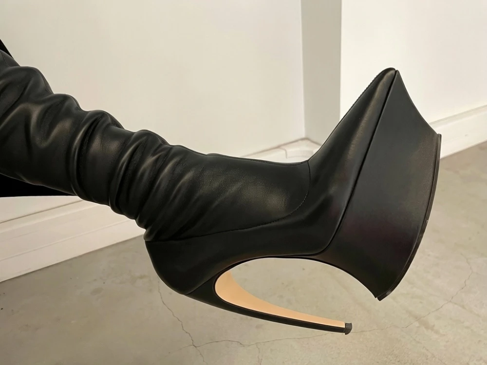 Edgy Custom Black Platform Curved Heels Mid-Calf Boots Sleek Faux Leather Side Zippers Pointed-Toe Design Fashion Boots