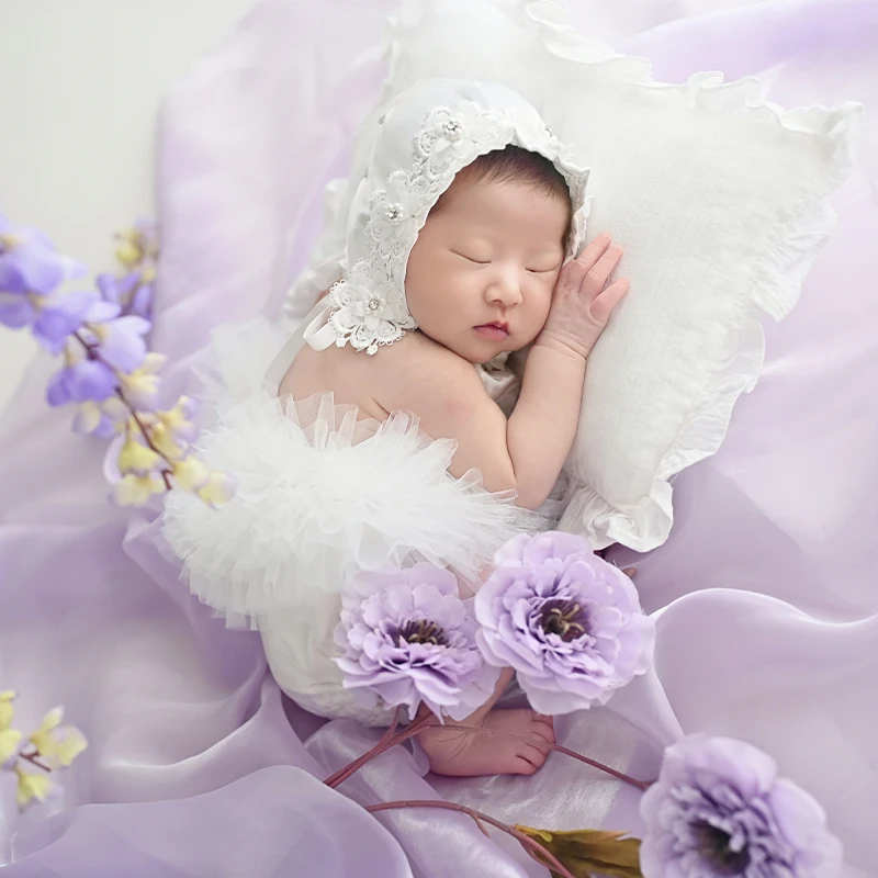 バレエテーマのレースドレス新生児写真撮影用小道具女の赤ちゃんの写真撮影用衣装-パープルチュール背景アクセサリー付きお揃いの帽子