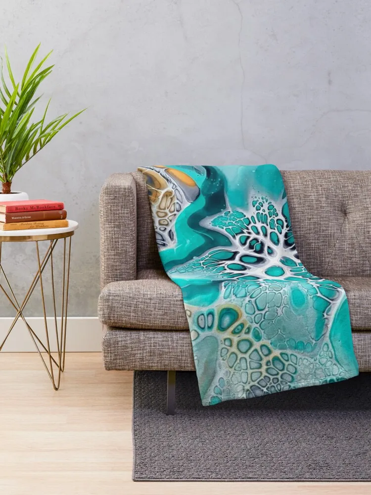 Green Lagoon Inspired Fluid Pour Art Painting with Gold and Grey Throw Blanket Designers Travel Blankets