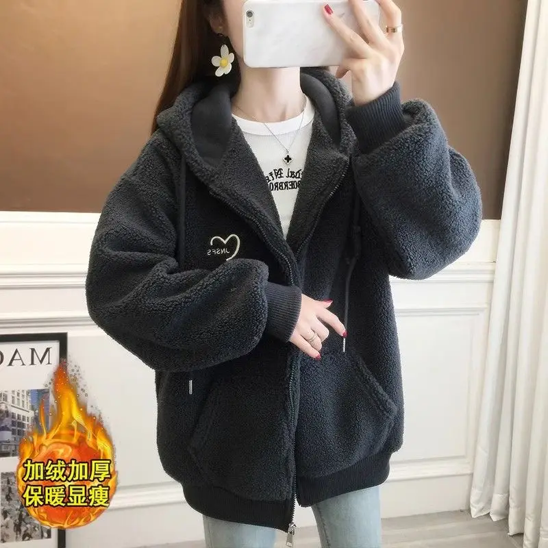 ラブレター刺繍ラムウールトレーナーコート秋冬新フード付きカーディガントップ女性プラスベルベット肥厚