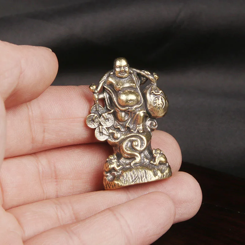 Antique Brass Caifu Shuang To Maitreya Buddhist Tabletop Decoration Nafu Arhat Wenju Home Decor Items