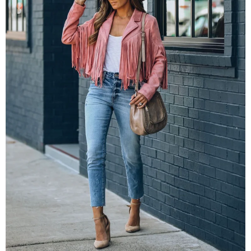 Chaqueta corta de cuero de ante para mujer, cárdigan con flecos y dobladillo, Estilo Vintage, a la moda, para invierno