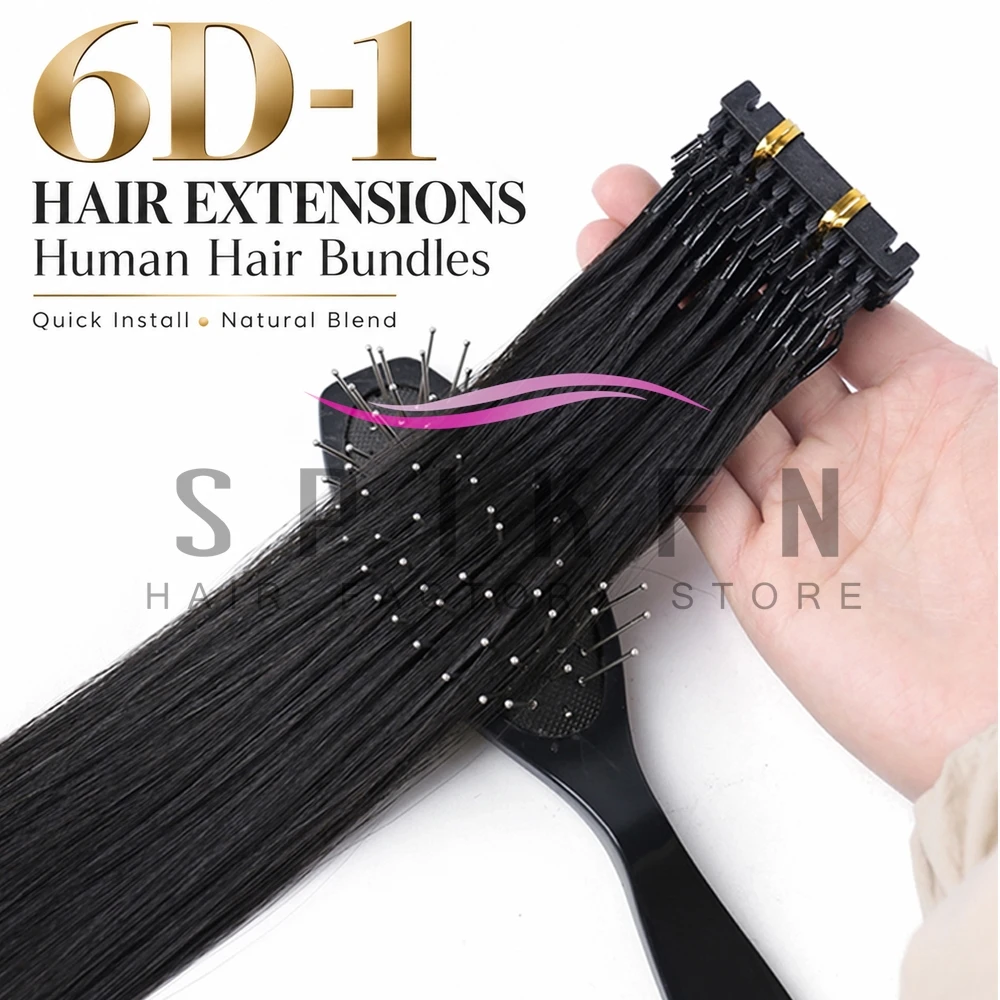 SPIKFN 6D-1 Generation Hair Extensions  Real Natural Human Hair Extension Virgin Hair 10 Rows Natural Black Straight 16
