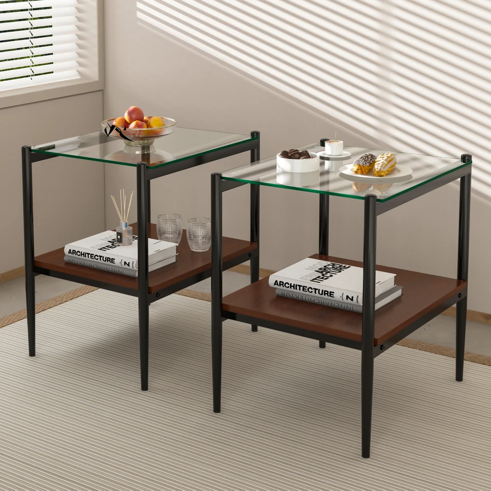 Set of 2 Rectangle End Table, Tempered Glass Tabletop with MDF layer, Modern Table for Living Room