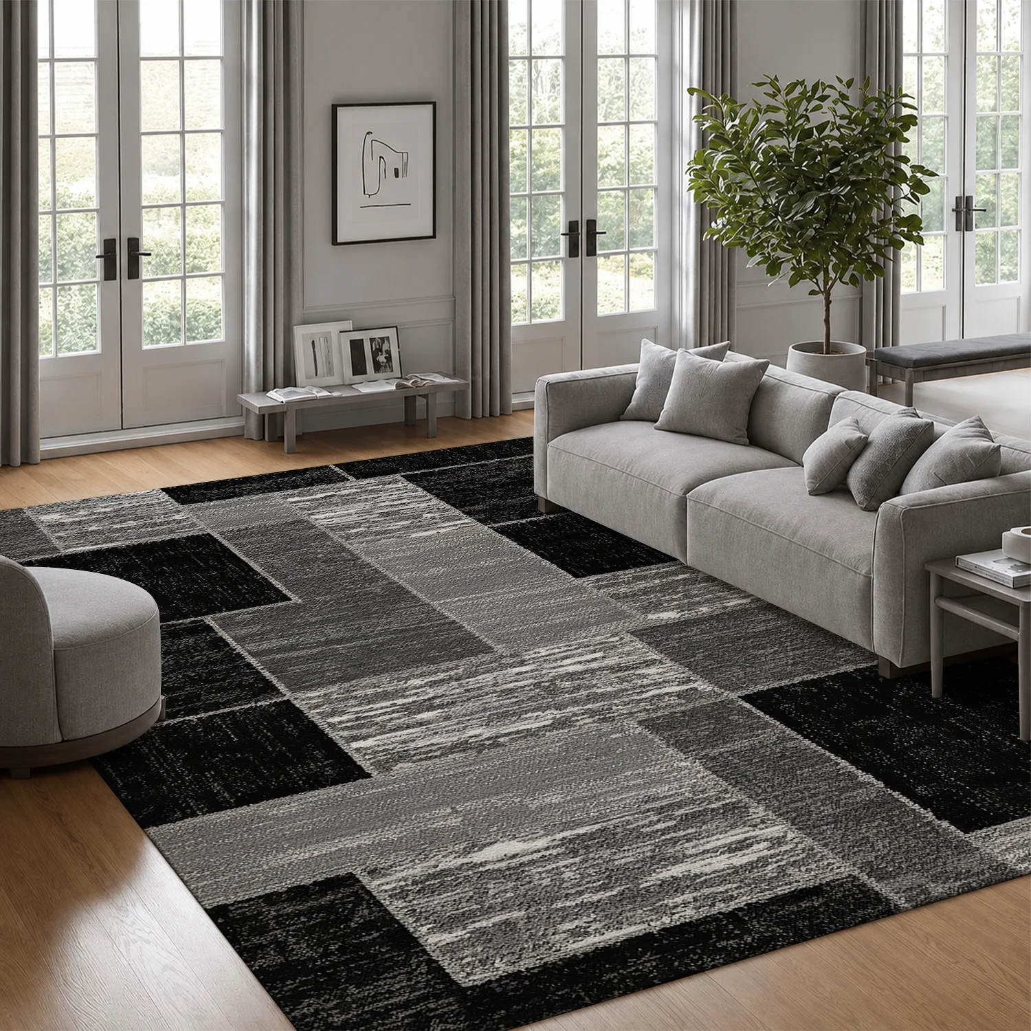 Large Indoor Area Rug, Soft Velvet Low Pile with Non-Slip Dotted Backing, Machine Washable Modern Geometric Block Rug in Black & Gray, Ideal for Living Room, Bedroom, Entryway Home Decor