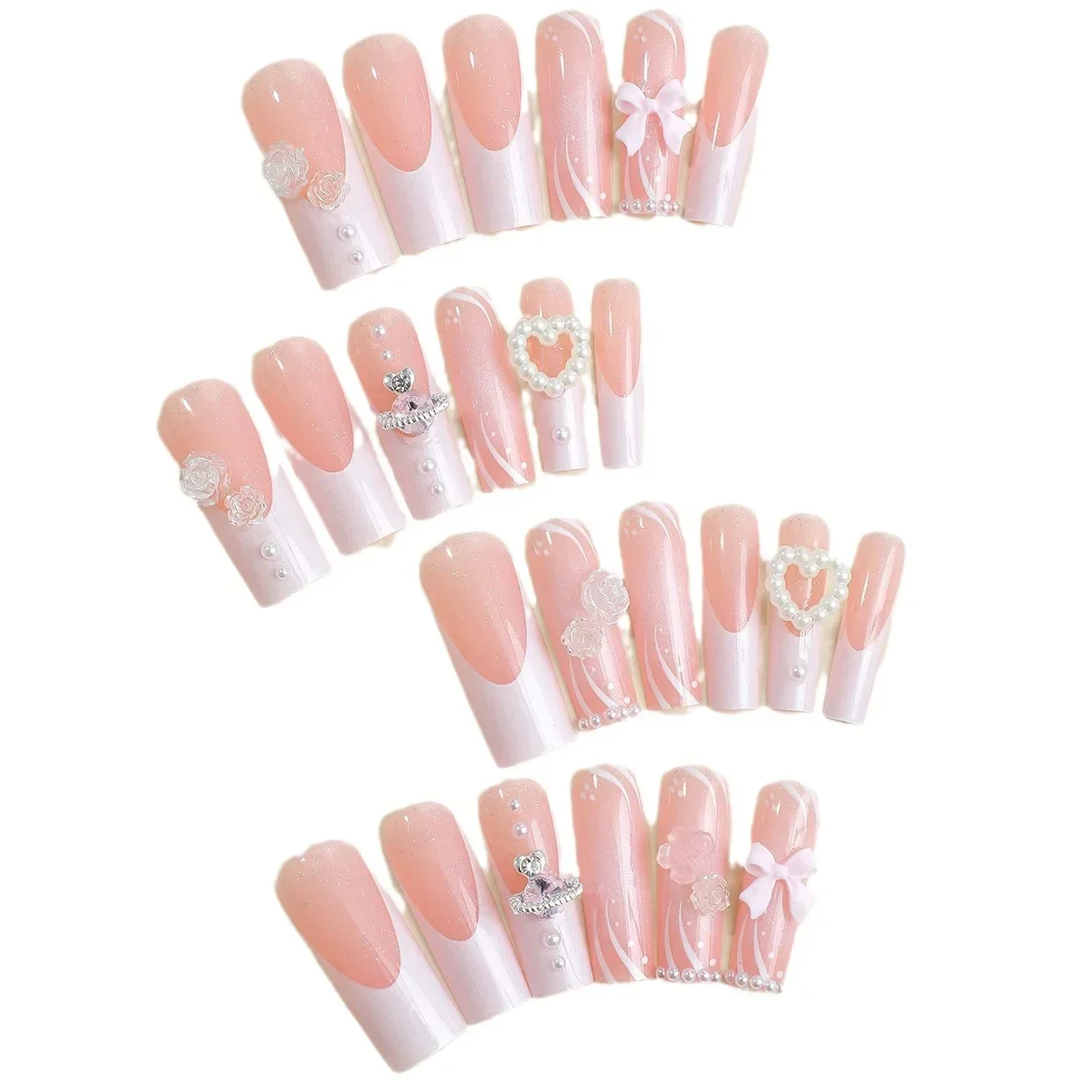 24Pcs Long Diamond False Nail 3D French Love Bow with Pearl Flower Press on Nails Removable Fake Nail For Women and Girls