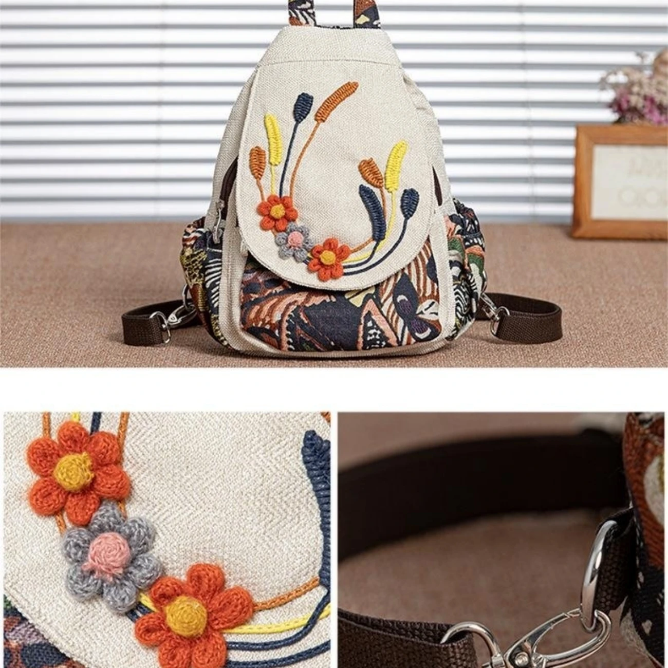 Mochila feminina versátil de estilo étnico, saco de cânhamo de algodão com zíper casual, lona artística, moda retrô