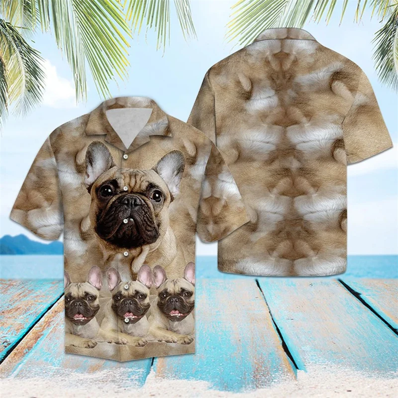 Funny Bulldog Pattern Hawaiian Shirts Summer Fashion Short Sleeve 3D Printed Lapel Shirt Loose Breathable Button Mens Clothing