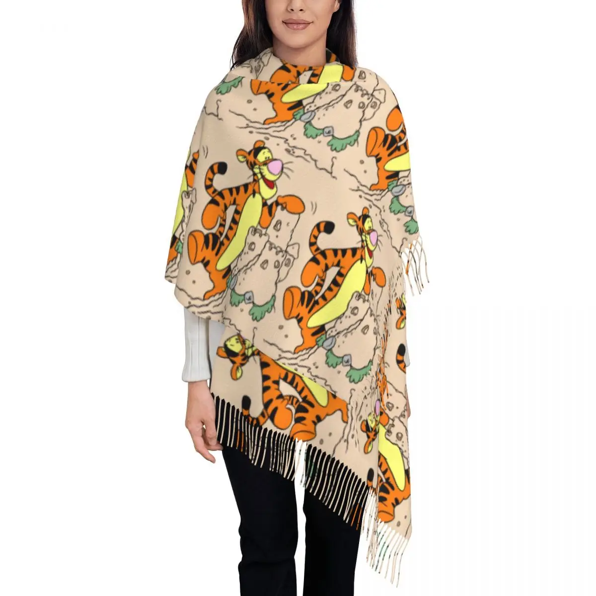 

Custom My Friends Tigger Pooh Cartoon Tassel Scarf Women Winter Warm Shawls Wraps Female Scarves