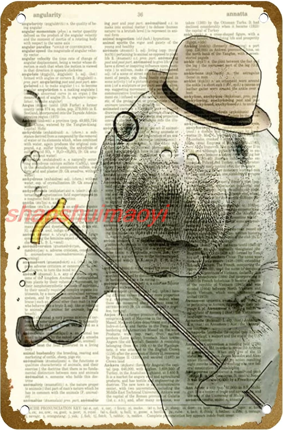 Dandy Manatee Is Looking Dashing Today With Bowler Hat And Pipe Beautifully Upcycled Dictionary Page Book Poster Vintage SHANSUI