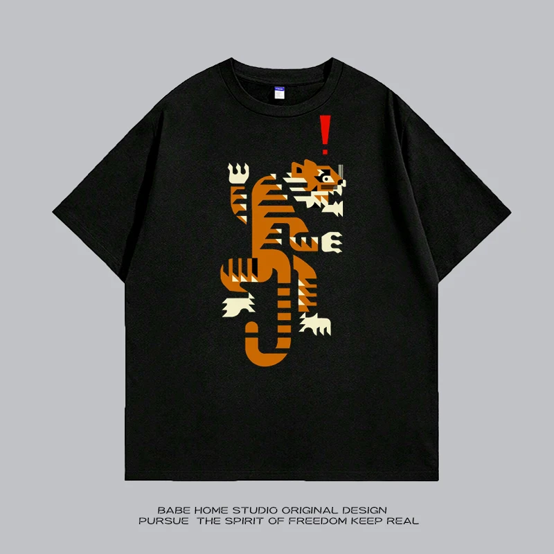 american-retro-heavyweight-pure-cotton-t-shirt-short-sleeve-half-sleeve-cute-tiger-graffiti-oversize-casual-spring-2025