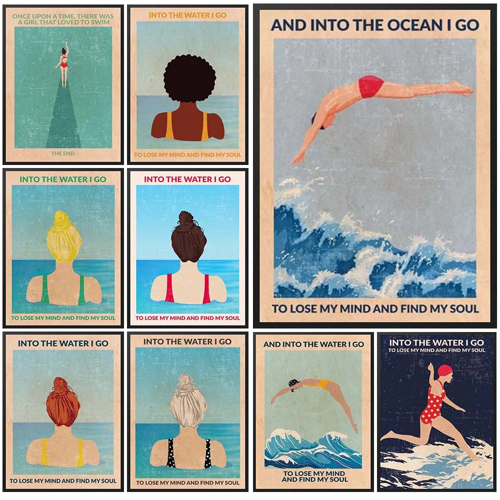 Cartoon Diving Athletes Swim Girl Quotes Poster Wall Art Canvas Painting Home Decor Wall Pictures For Living Room Unframed