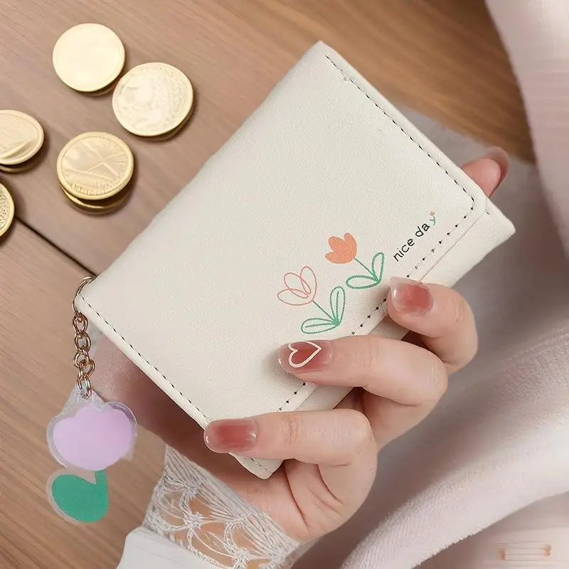 Cute Floral Print PU Leather Mini Wallet Multiple Card Slots Portable Purse For Women Girls Daily Shopping Travel Use