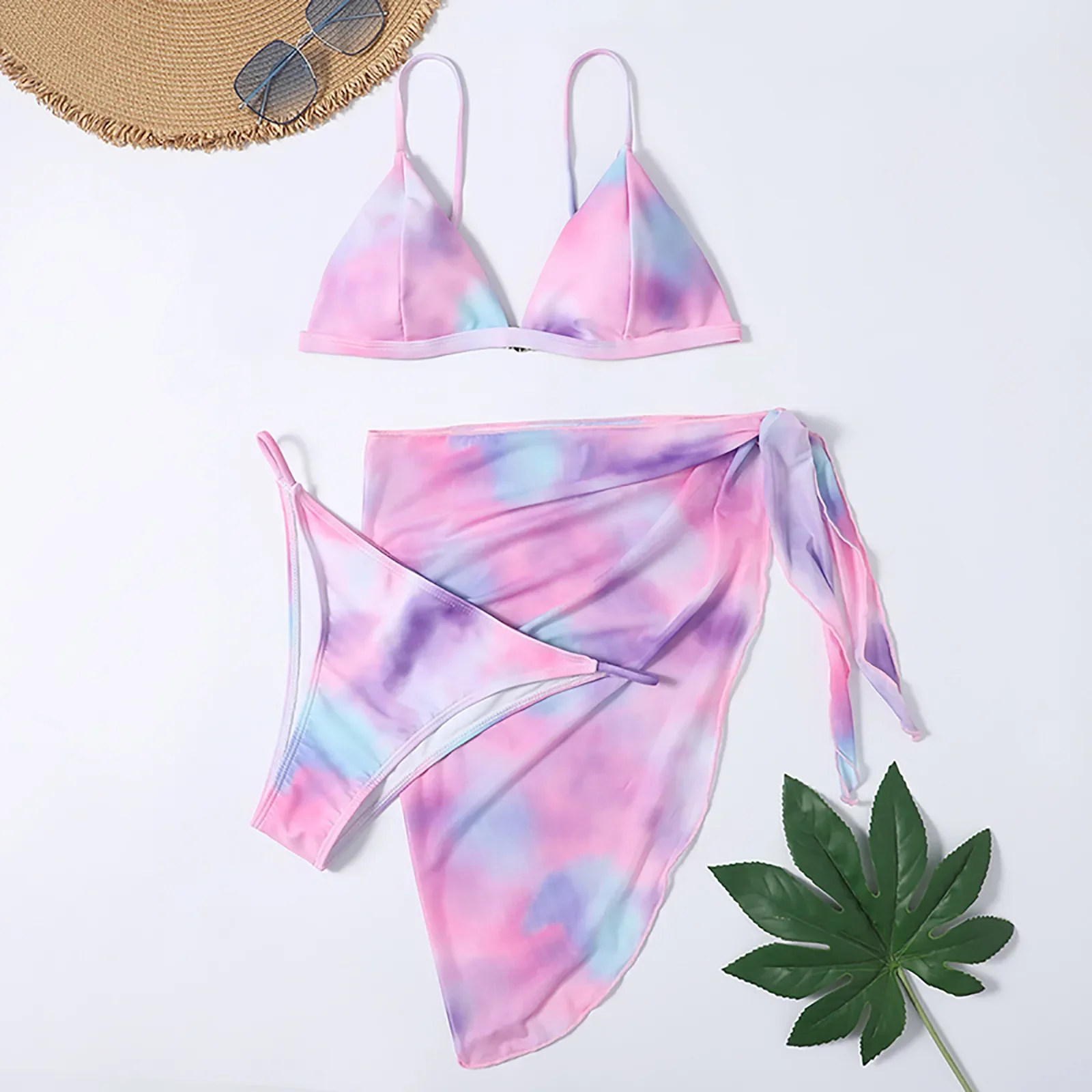 Cute Bikini Tops Swimsuits For Woman Bikini Mesh Style Skirt Women'S Waist High Three-Piece Split Tie-Dye Printed