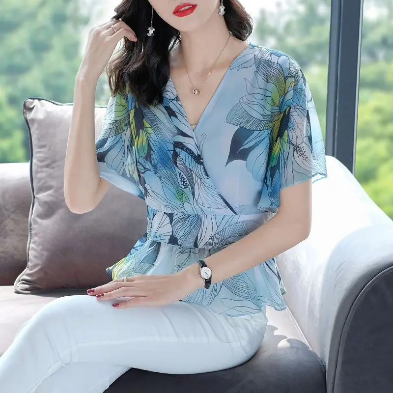 Office Lady Fashion Flowers Printed Blouse Summer Casual Ruffles Patchwork All-match Female V-Neck Korean Drawstring Bow Shirt