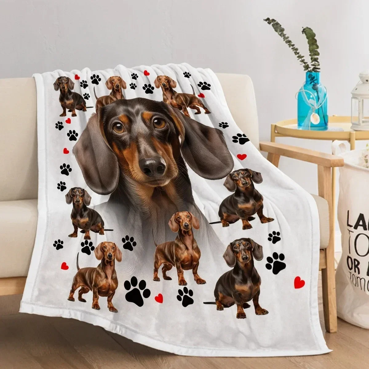 Cute Dachshund Throw Blanket with Black and Red Paws Print Soft Flannel for Cozy Warmth Perfect for Kids Teens and Adults