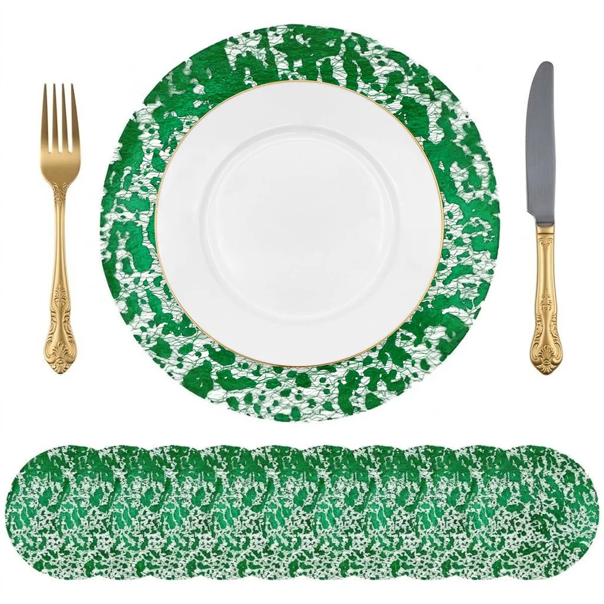 10Pcs Disposable Round Green Foil Placemats, 13 Inch Decorative Metallic Chargers for Party, Wedding, High Tea & Event Decor