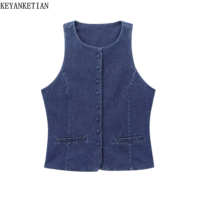

KEYANKETIAN 2025 New Women's Sheath Denim vest Retro style Hot sweet Single Breasted Sleeveless Crop Top Dark Blue Slim Camisole