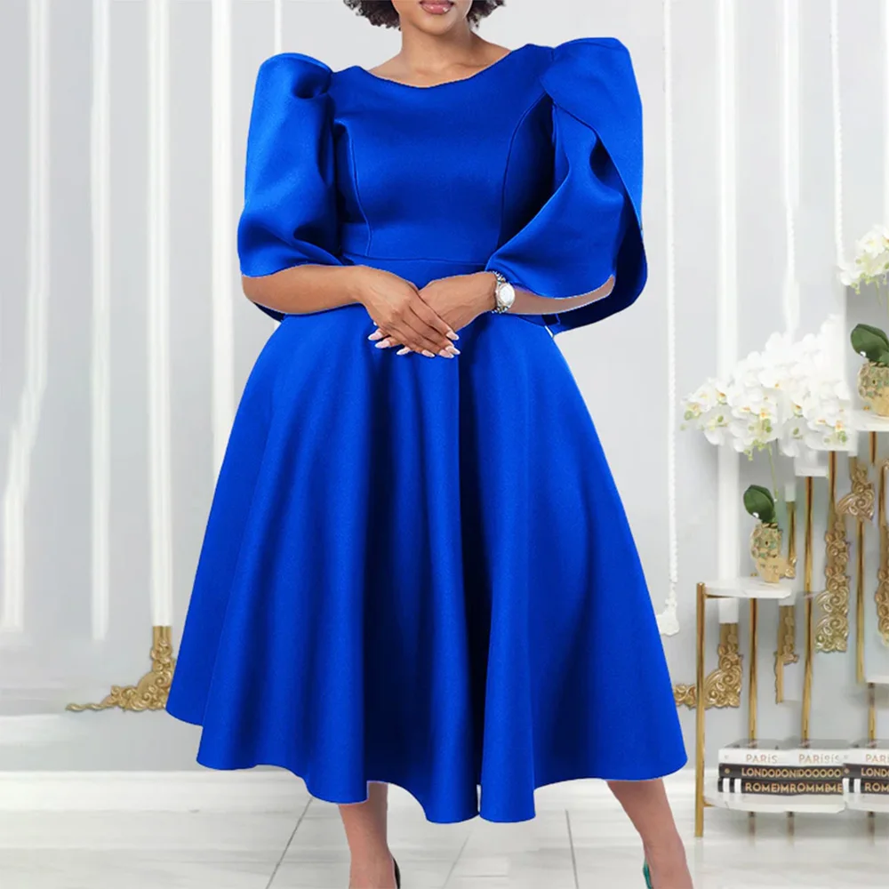 Elegant Dress Woman 2024 Wedding Party Round Neck Half Sleeve High Waisted Pleated Mid Calf Luxury Birthday Dinner Vestidos Robe