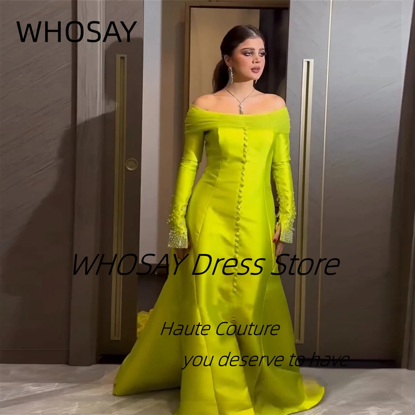 WHOSAY Custom Made Evening Dresses Boat Neck Beaded Long Sleeves Prom Dress with Buttons Front Slit Saudi Arabia Party Gowns