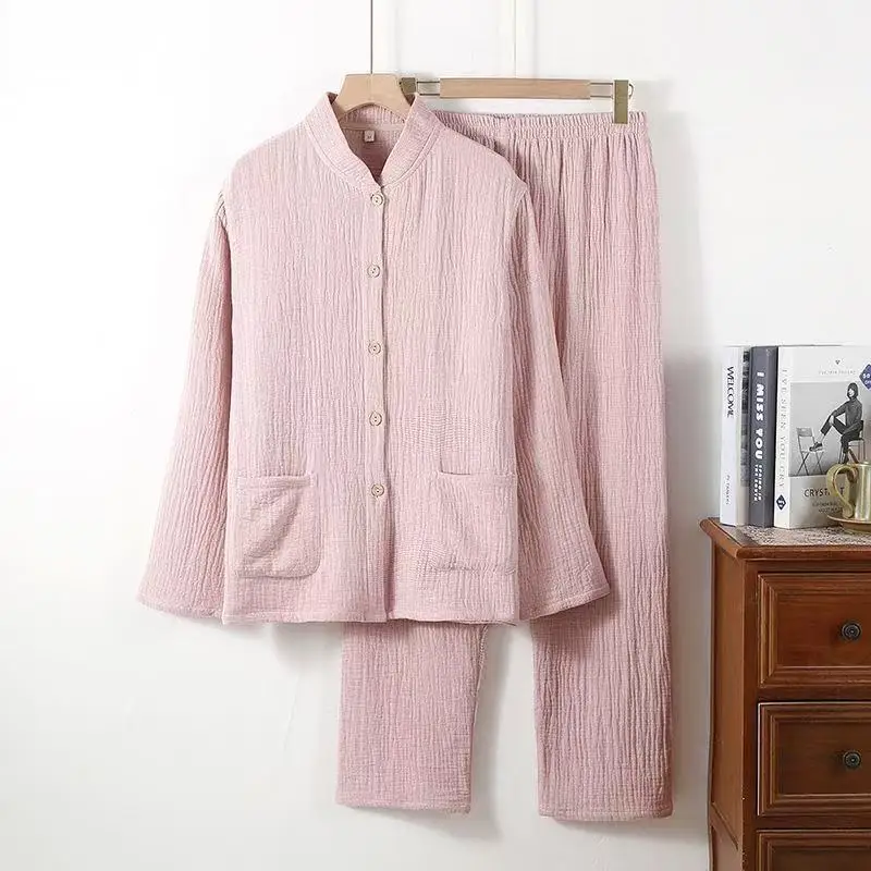 Japanese Style Pure Cotton Pajamas Men Women Breathable Four Layer Gauze Shirt Pants Set Comfortable Leisure Couples Homewear