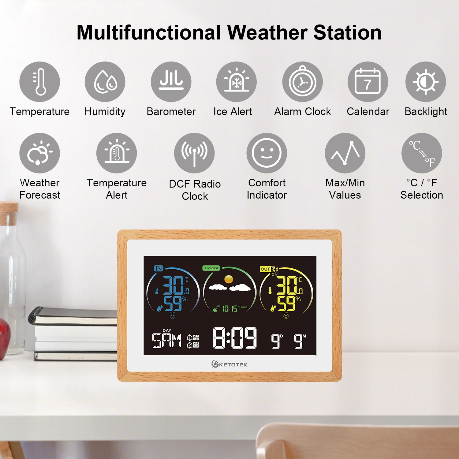 Weather Forecast Station Indoor Outdoor Clock Thermometer Hygrometer Barometer Alarm Clock With Radio Control Time Function