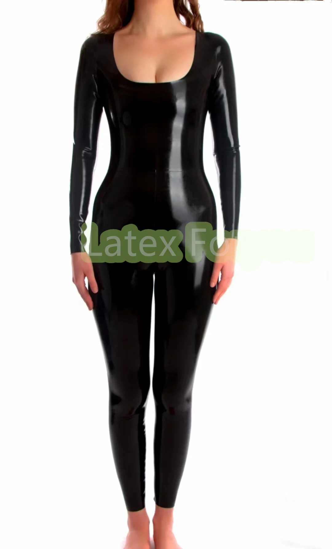 Handmade  Black Natural Latex Overalls Latex Rubber Cosplay Catsuit  Scoop Neck  No Zip High Quality  Neck Entry Lady Bodysuit