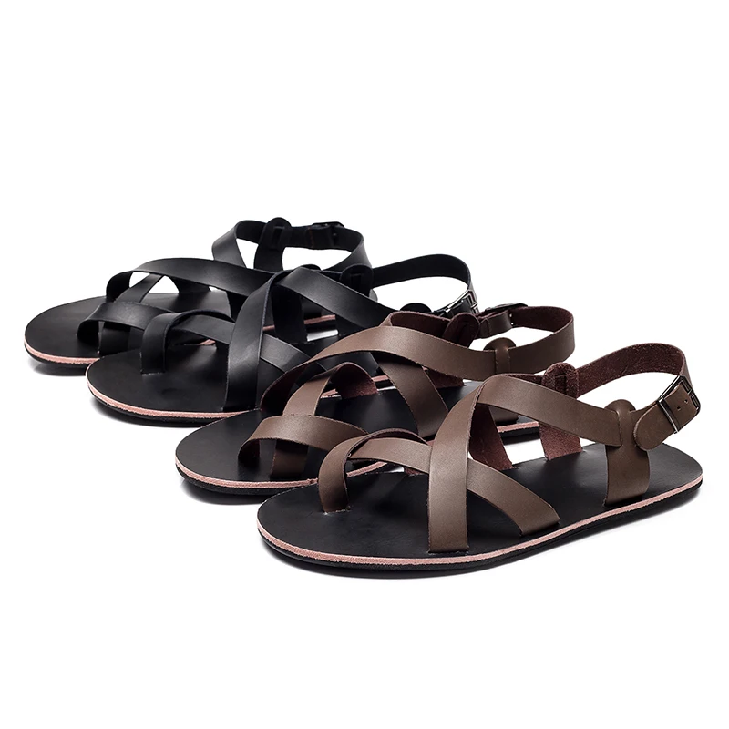 Sandales Rome en cuir véritable pour hommes, chaussures plates décontractées simples, sandales respirantes, conception de ceinture, Parker ouvert,