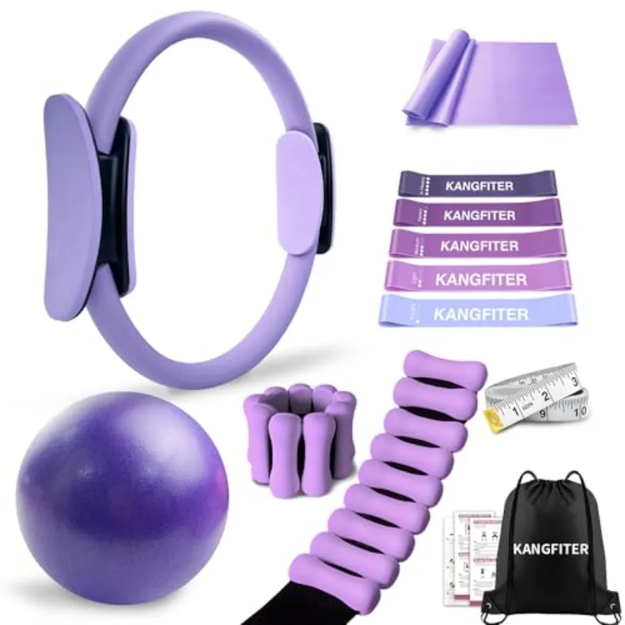 Kit de Equipo de Pilates para Entrenamiento en Casa, Set de Anillo y Pelota de Pilates con Pesas Ajustables para Tobillos y Muñecas, Bandas de Resistencia, Cinta de Pilates