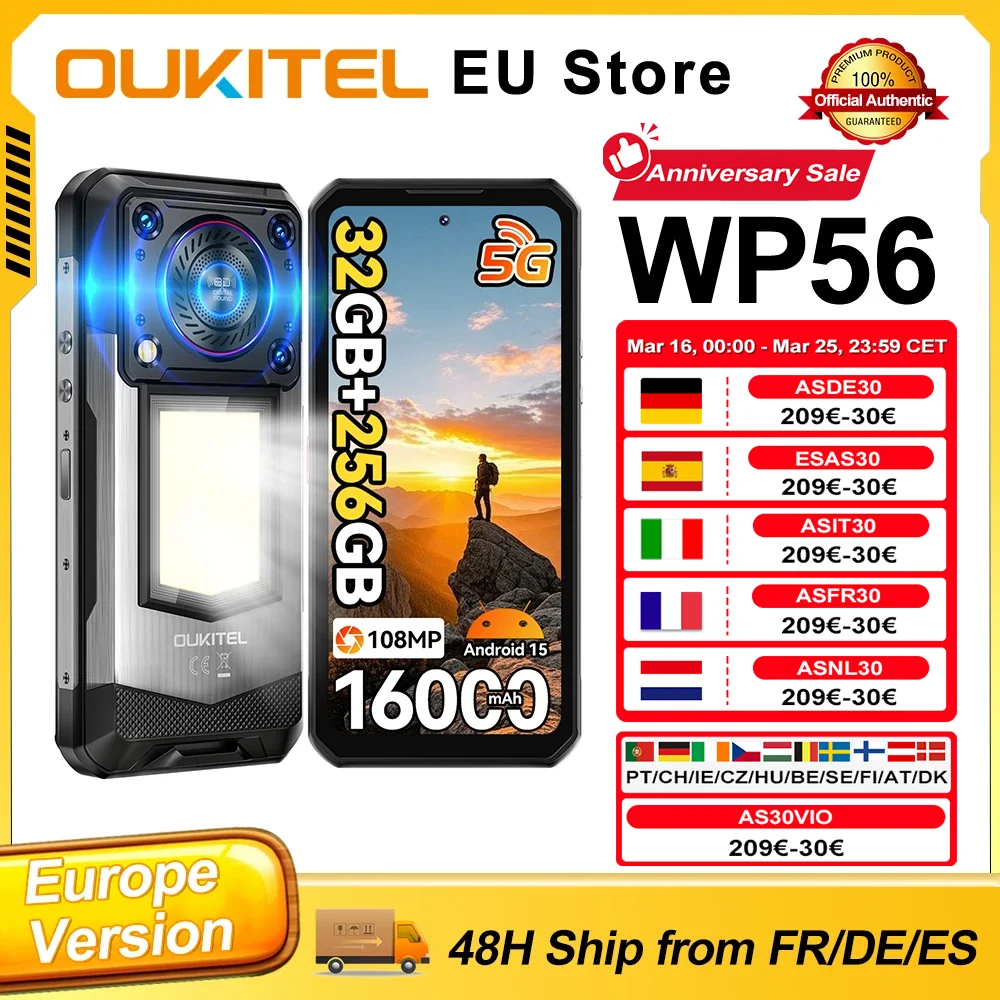 Téléphone portable OUKITEL WP56 8 Go 256 Go Android 15, batterie 16 000 mAh, lampe de camping 45 W, écran FHD 6,8 pouces 120 Hz, haut-parleur 128 dB, appareil photo 108 MP, 5G