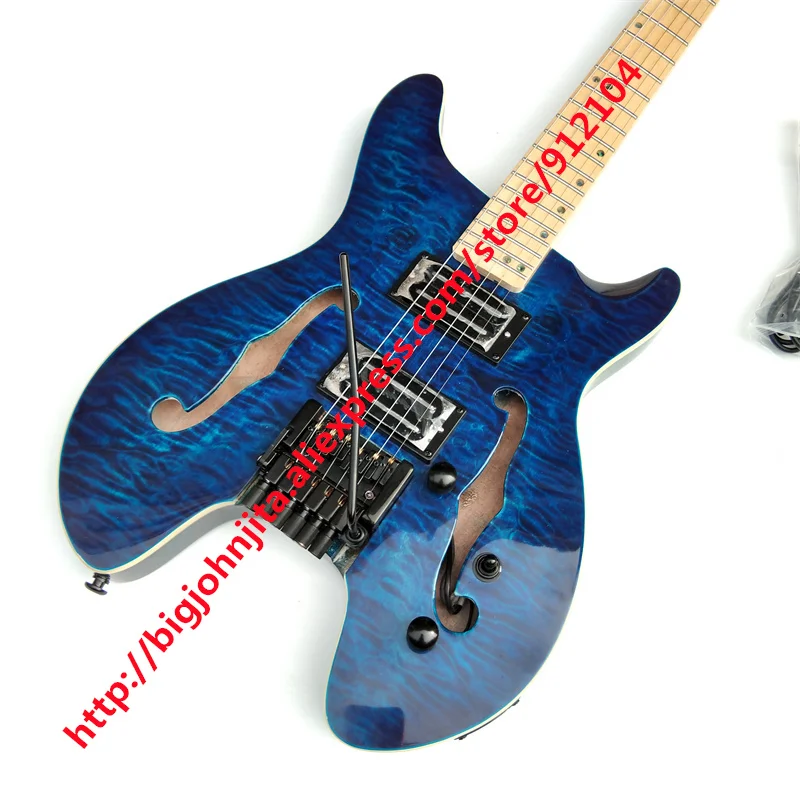 New Fan Fretted Semi Hollow Headless Electric Guitar,Double Track Pickup Guitar Quilted Maple Skin Top Mahogany Body BJ-651 654