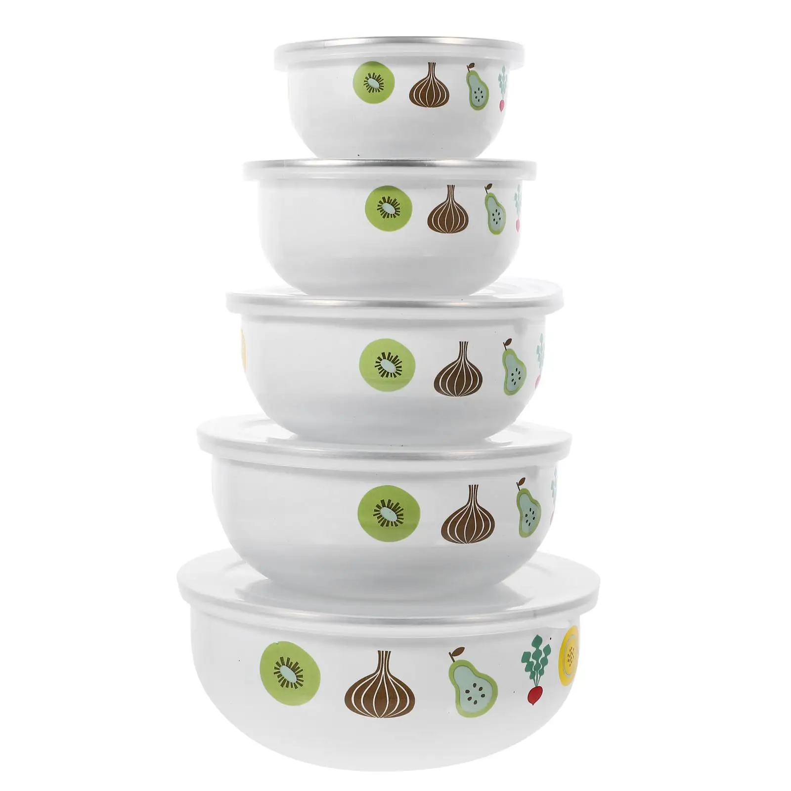 

5 Pcs Enamel Preservation Bowls Round Lidded Fruit Bowls Set Smooth Edge Dustproof Sealing Deep Lightweight Storage Serving