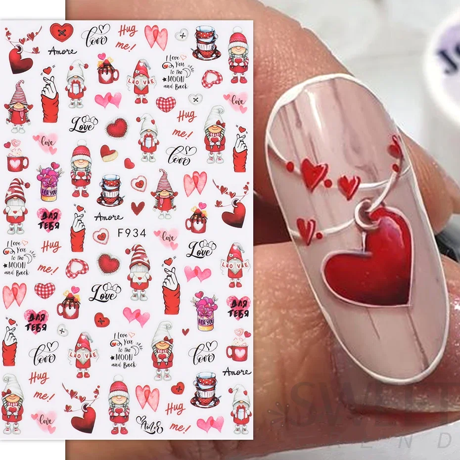 Dia dos namorados unhas arte design sexy vermelho amor bonito dos desenhos animados carta decalques 3d coração auto adesivo slider diy manicure decoração folhas