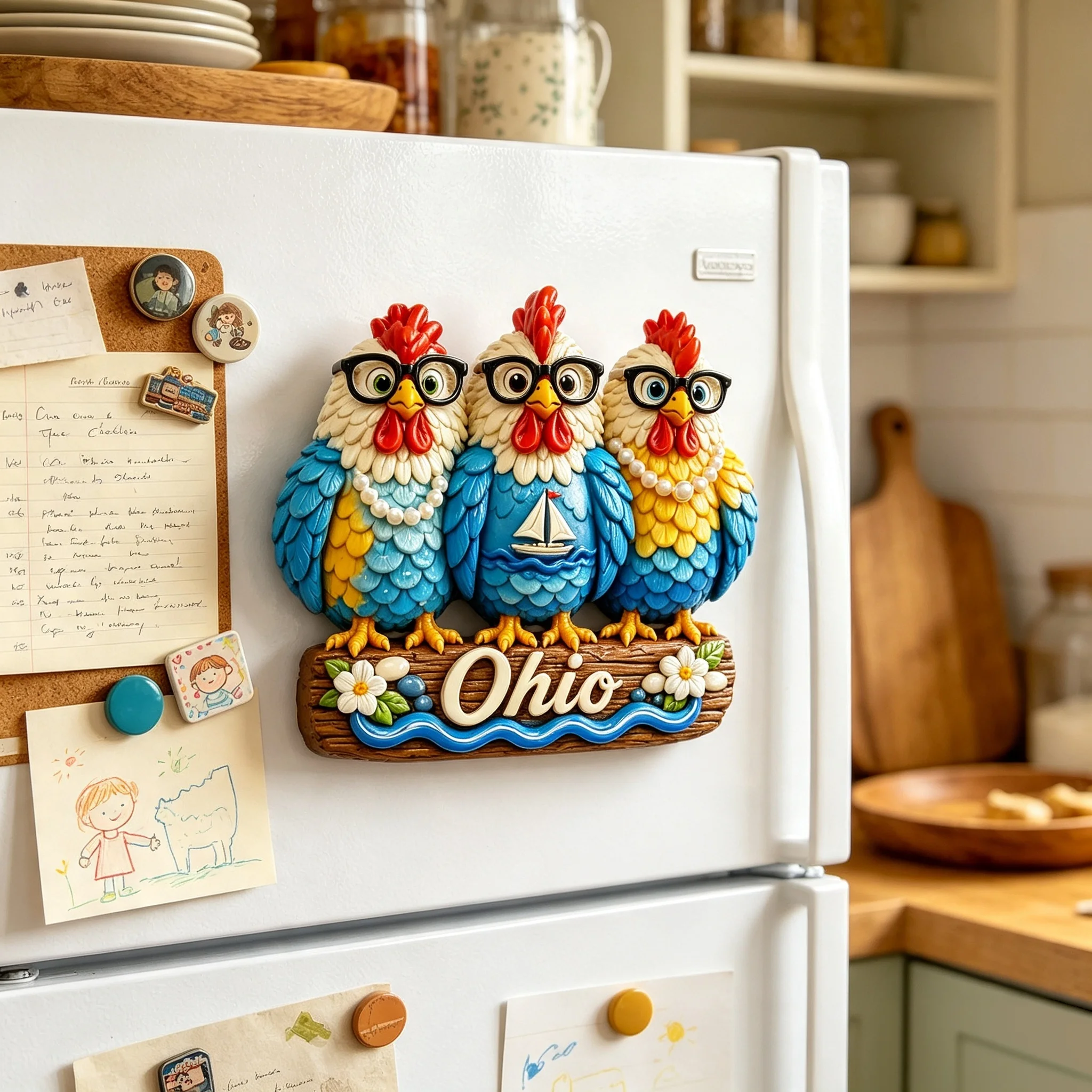 Resin Ohio Fridge Magnet Cute 3 Glasses Chicken Ornament USA Travel Souvenir Refrigerator Sticker Home Decor Gift
