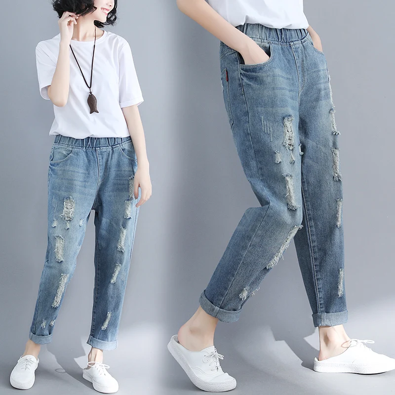 

2023 Spring Summer New Women High Waist Loose Jeans Female Denim Casual Harem Pants Ladies Ripped Ankle-Length Trousers S616