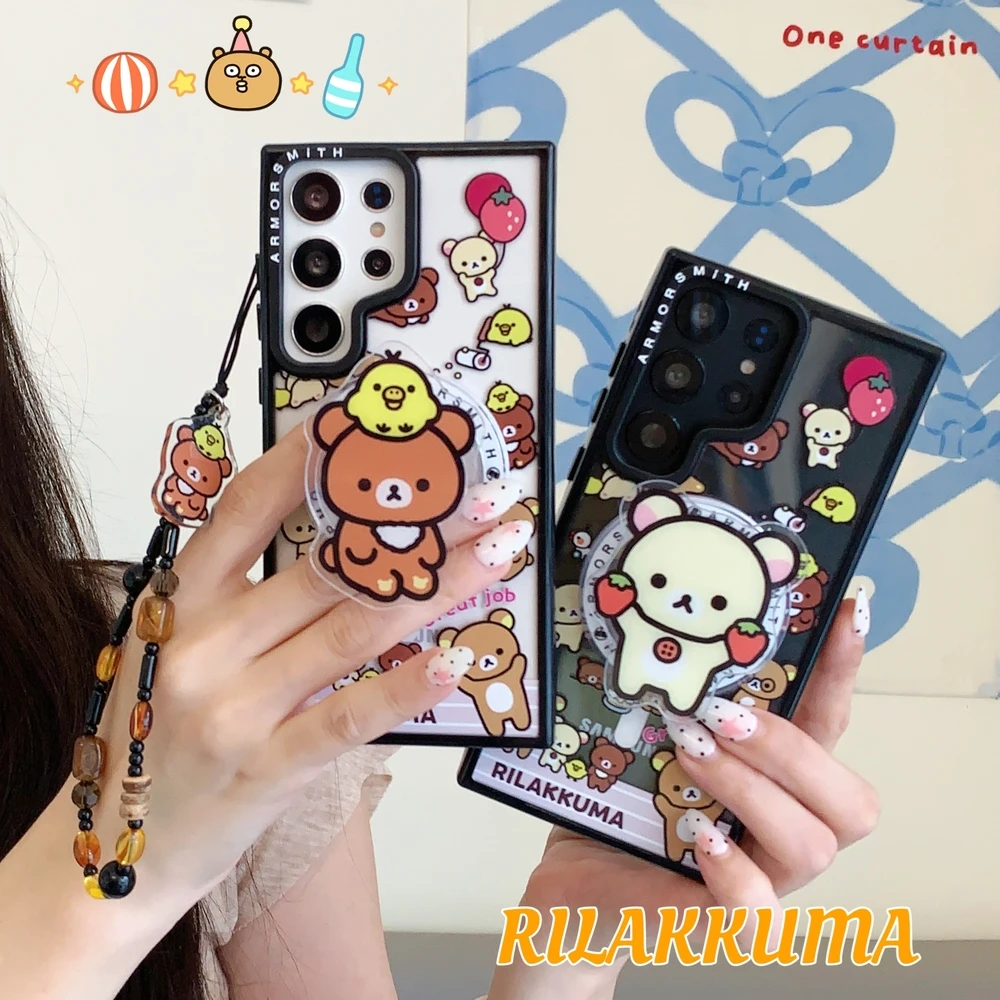Cute Cartoon Rilakkuma Bear Magnetic Holder Magsafe Wireless Charge Phone Case For Samsung Galaxy S26 25 24 23 Ultra Puls Cover