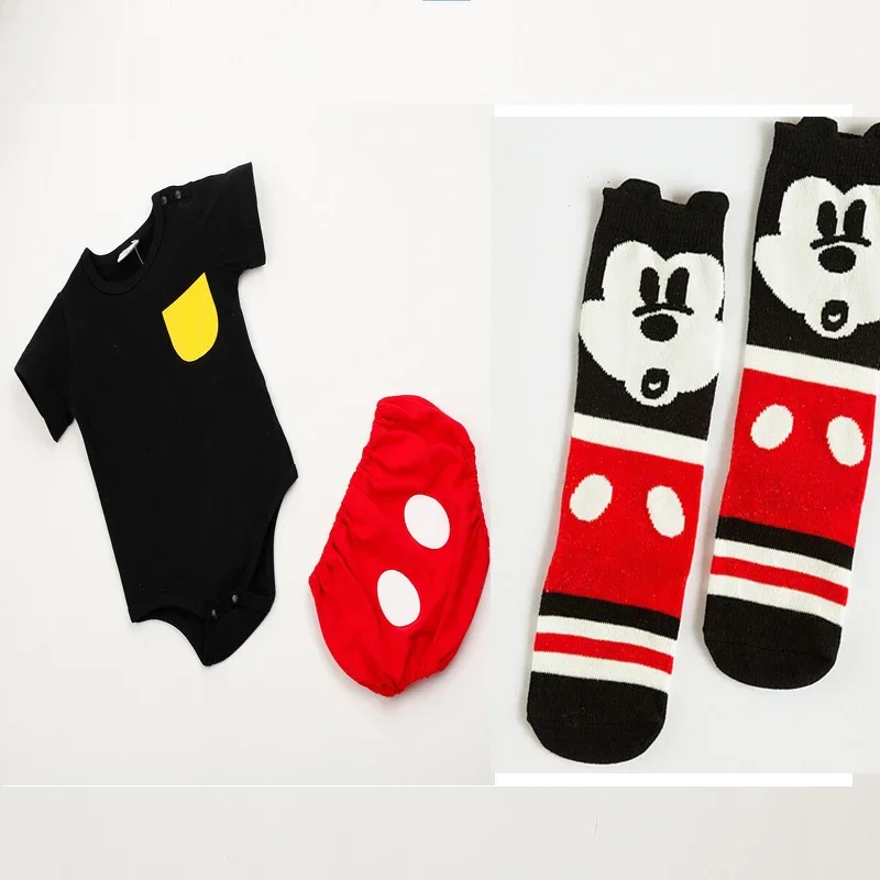 Summer Baby Boy Girl Newborn Romper Hat Short Skirt Sock 3 PCS Set Cartoon Mickey Minnie Infant Clothing Bebe Cotton Jumpsuits