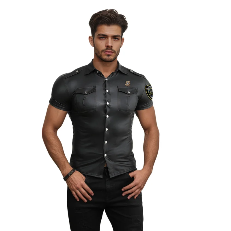 Men's Fashion Punk Style Coated Leather Shirts With Patches Motorcycle Biker Shirt Stage Party Wear Short Sleeve Tops