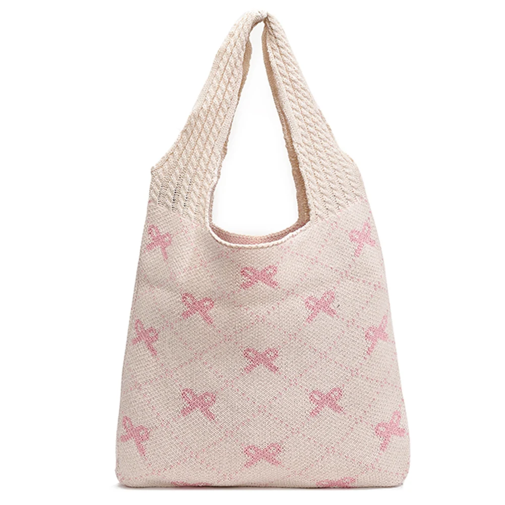 

Women Crochet Tote Handbag Large Capacity Cute Shoulder Bag Contrast Color Travel Shopping Handbag Ladies Daily Handbag