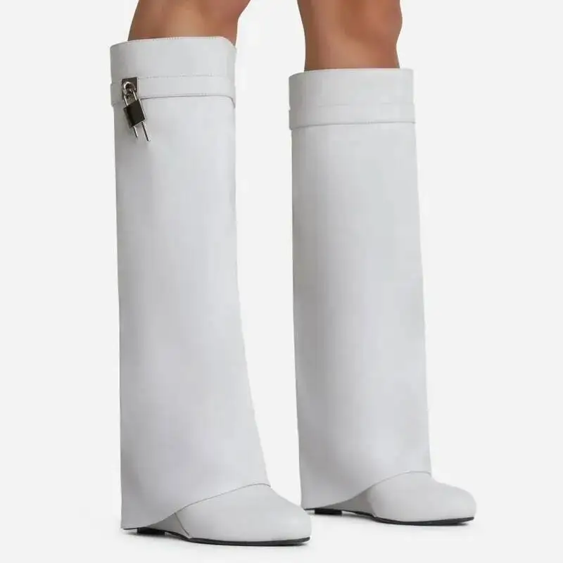 Women Boots Wide-calf Wedge Heel 10.5 Knee High Boot Motorcycle Leather White Red Boots Shoes