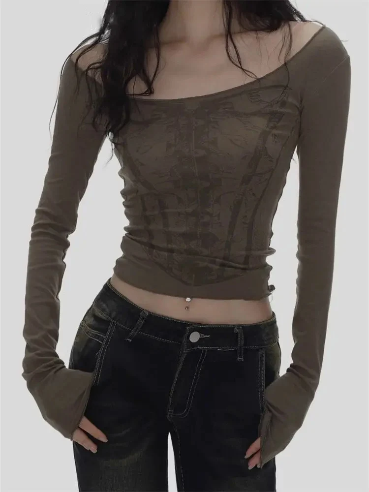 

American Retro Print Long Sleeve T-shirt Women Off Shoulder Slim Fit Base Crop Top Punk Y2k Aesthetic Spicy Girl Tees