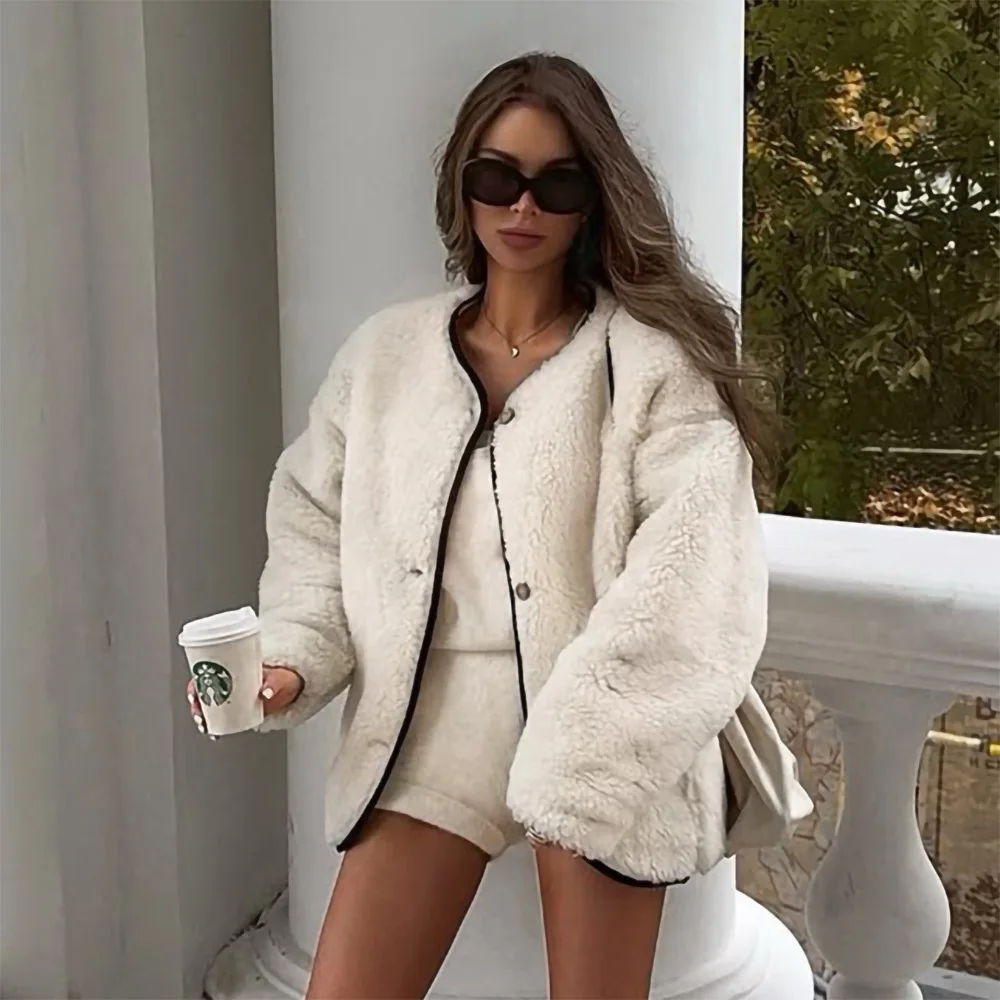 Women Fall New Fashion Office Loose Contrast Color Round Neck Button Pocket Sherpa Jacket